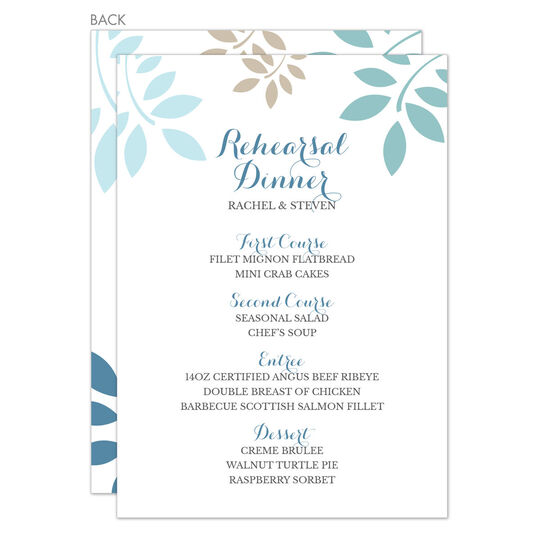 Blue and Tan Botanical Leaves Menu Cards